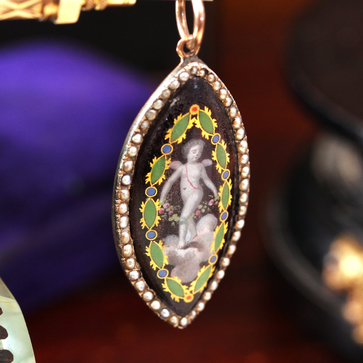 Rare Georgian 1790's Enamel Navette Pendant