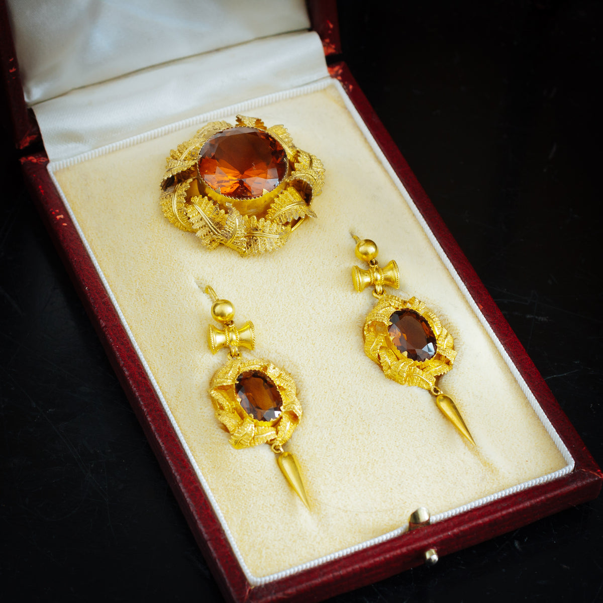 Pristine Antique Victorian Gold Work set of Citrine Earrings and Brooch