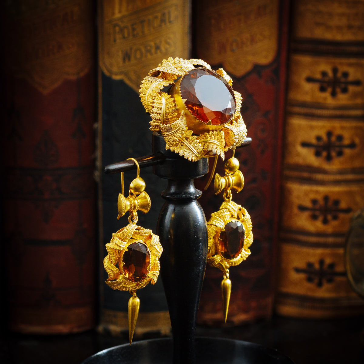 Pristine Antique Victorian Gold Work set of Citrine Earrings and Brooch