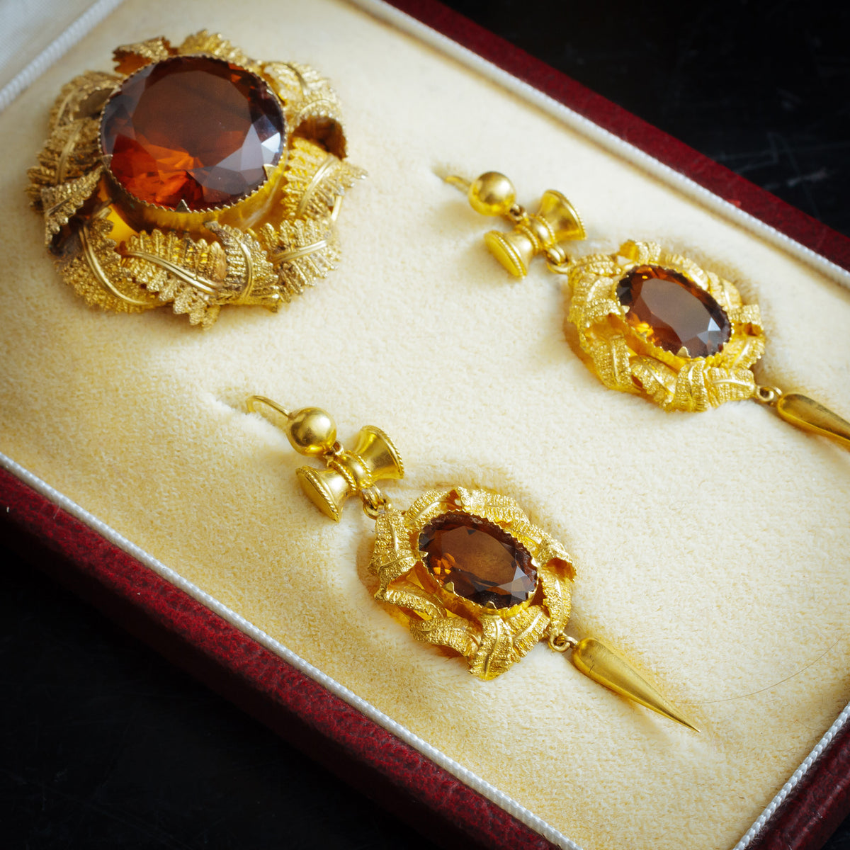 Pristine Antique Victorian Gold Work set of Citrine Earrings and Brooch