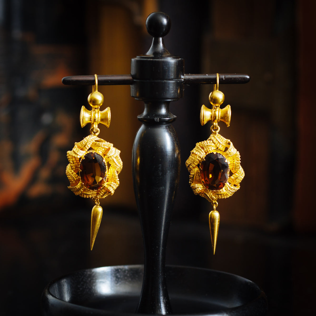 Pristine Antique Victorian Gold Work set of Citrine Earrings and Brooch