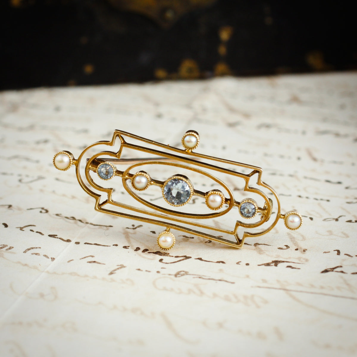 Ethereal Edwardian 15ct Gold Aquamarine Brooch