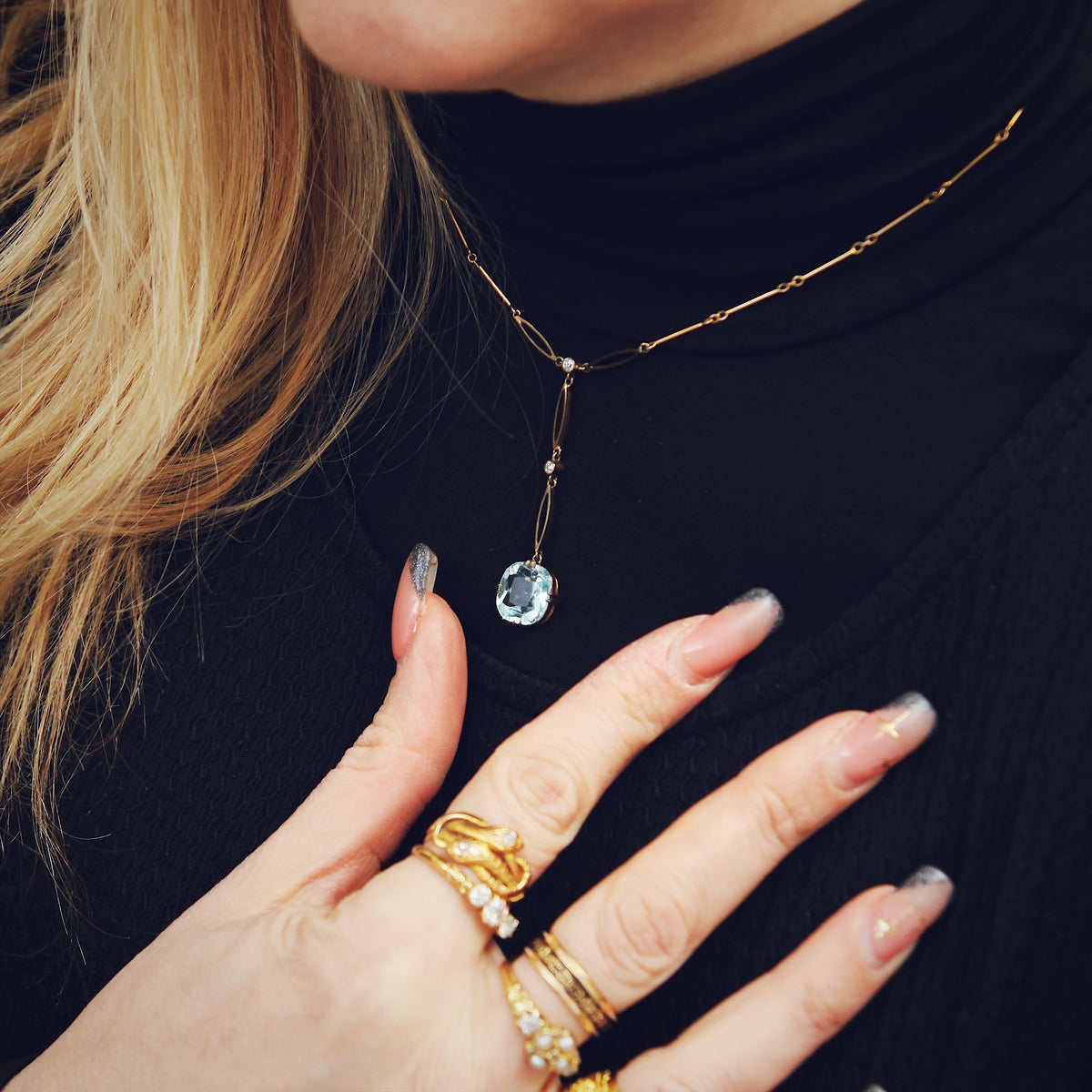 Finest Edwardian Aquamarine & Diamond Lavaliere Necklace