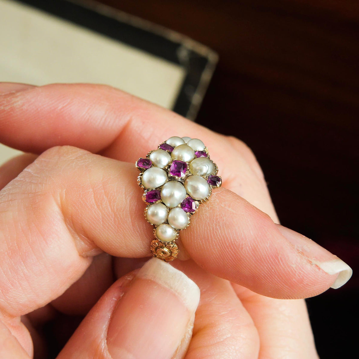 Thou Dost Enthrall Me! Antique Georgian Ruby & Natural Pearl Cluster Ring