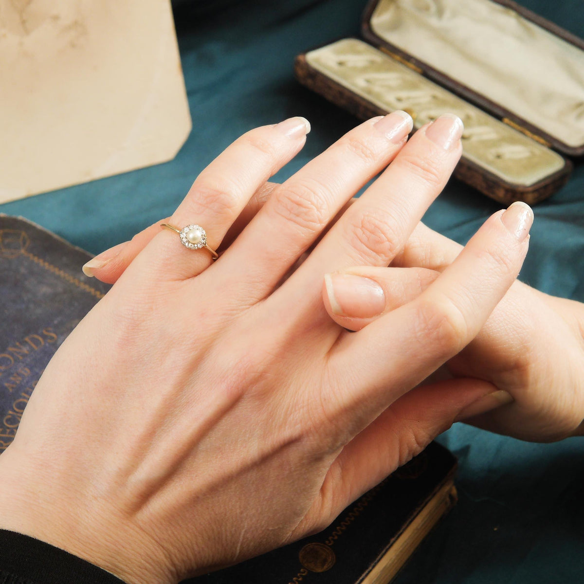 A Sweeet Little Hand Cut Diamond & Natural Pearl Cluster Ring