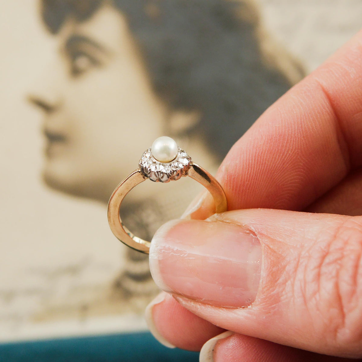 A Sweeet Little Hand Cut Diamond & Natural Pearl Cluster Ring