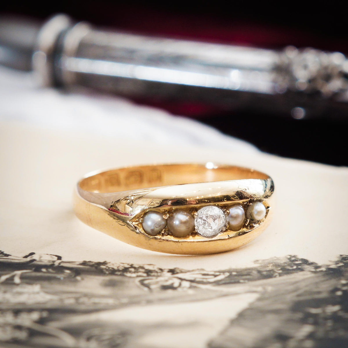 Victorian Date 1888 Pearl and Diamond Band Ring