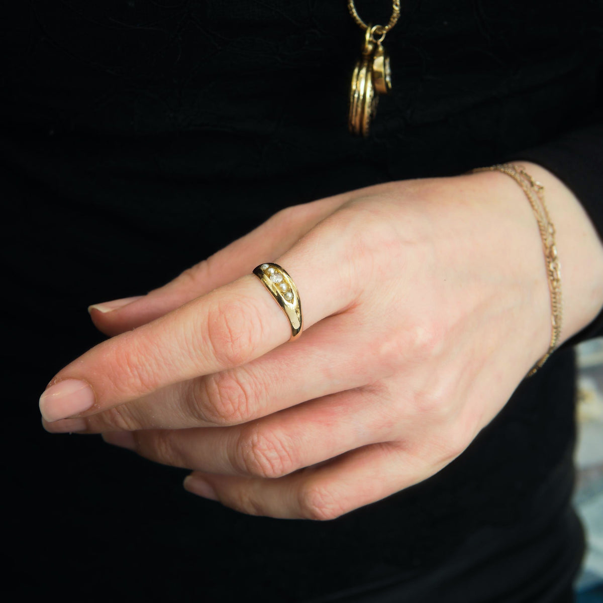 Victorian Date 1888 Pearl and Diamond Band Ring