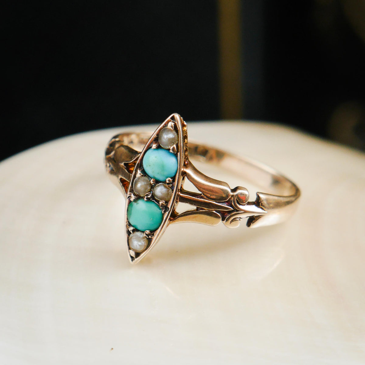 Poetic Art Nouveau Turquoise & Seed Pearl Ring