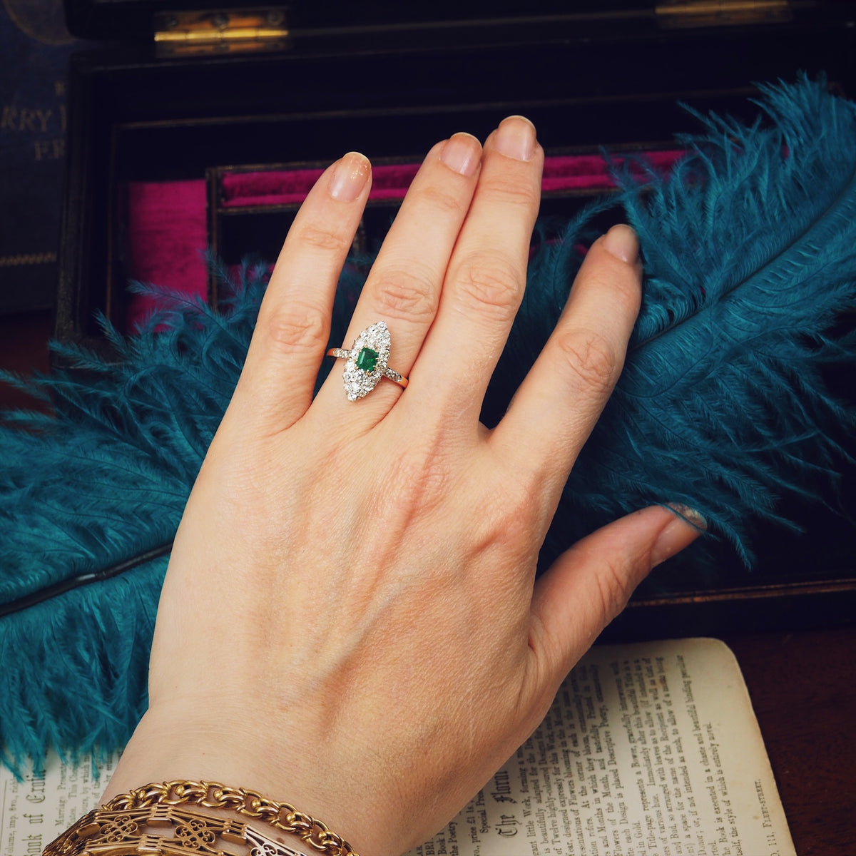 Edwardian Emerald and Diamond Navette Cluster Ring