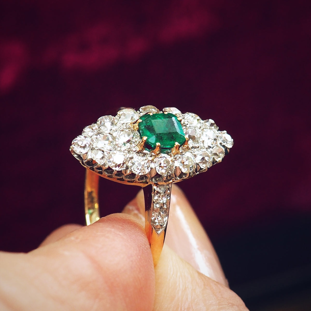 Edwardian Emerald and Diamond Navette Cluster Ring