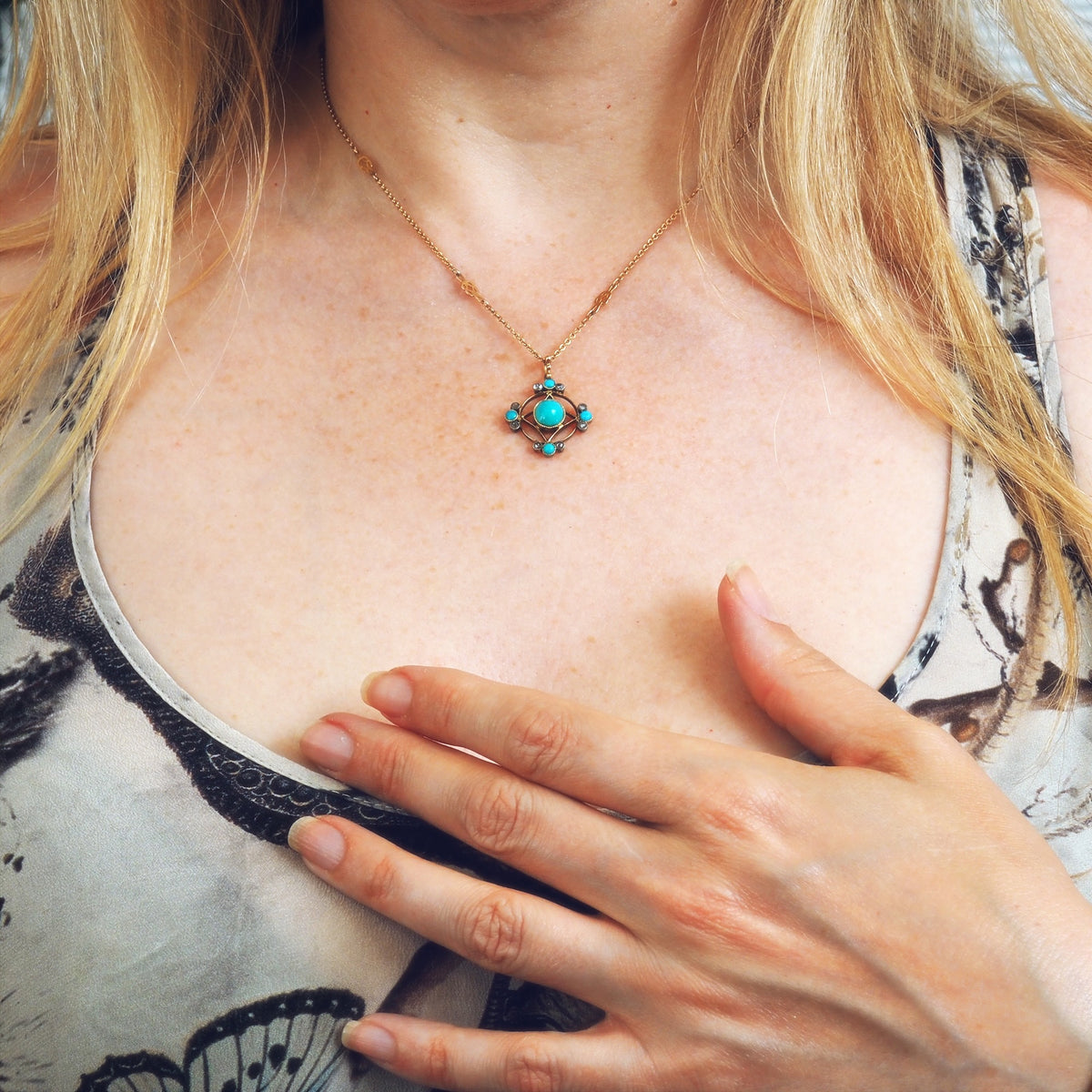 Antique Edwardian Turquoise & Diamond Pendant