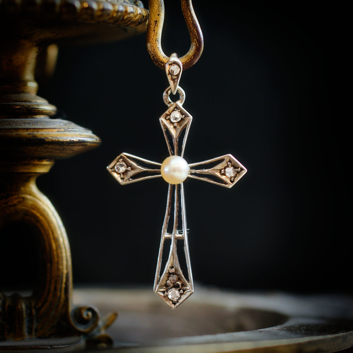 Antique French Diamond & Natural Pearl Cross Pendant