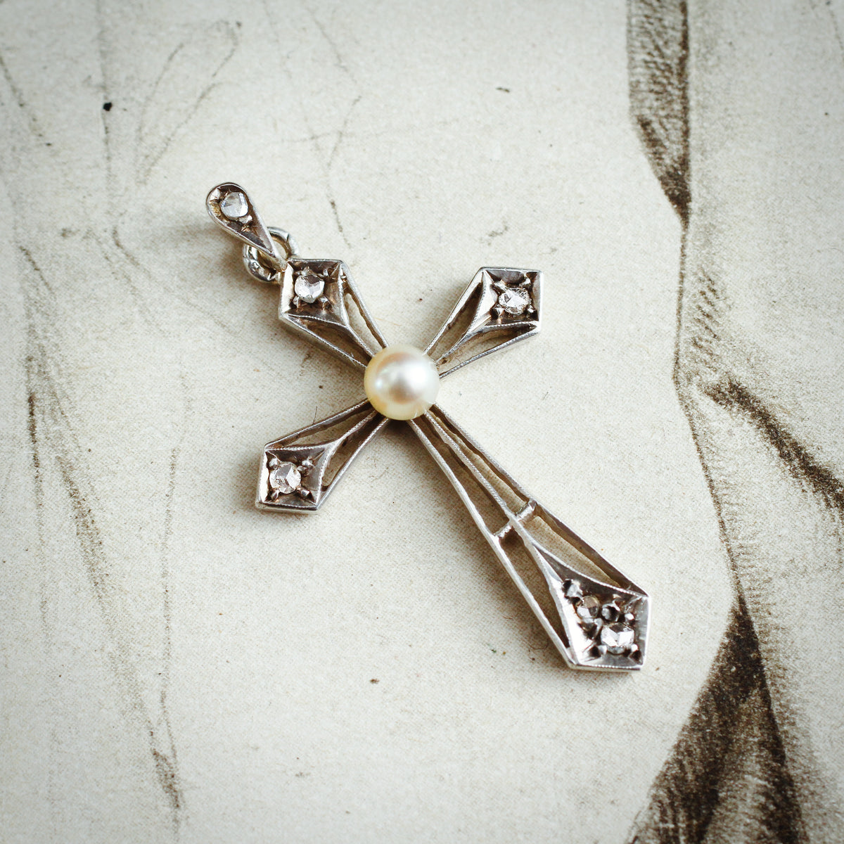 Antique French Diamond & Natural Pearl Cross Pendant