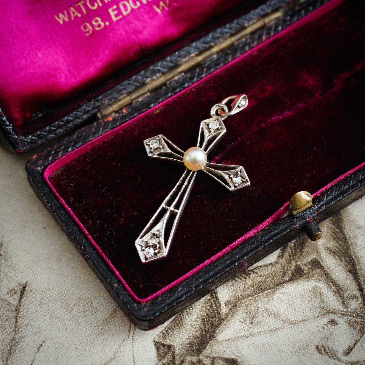 Antique French Diamond & Natural Pearl Cross Pendant