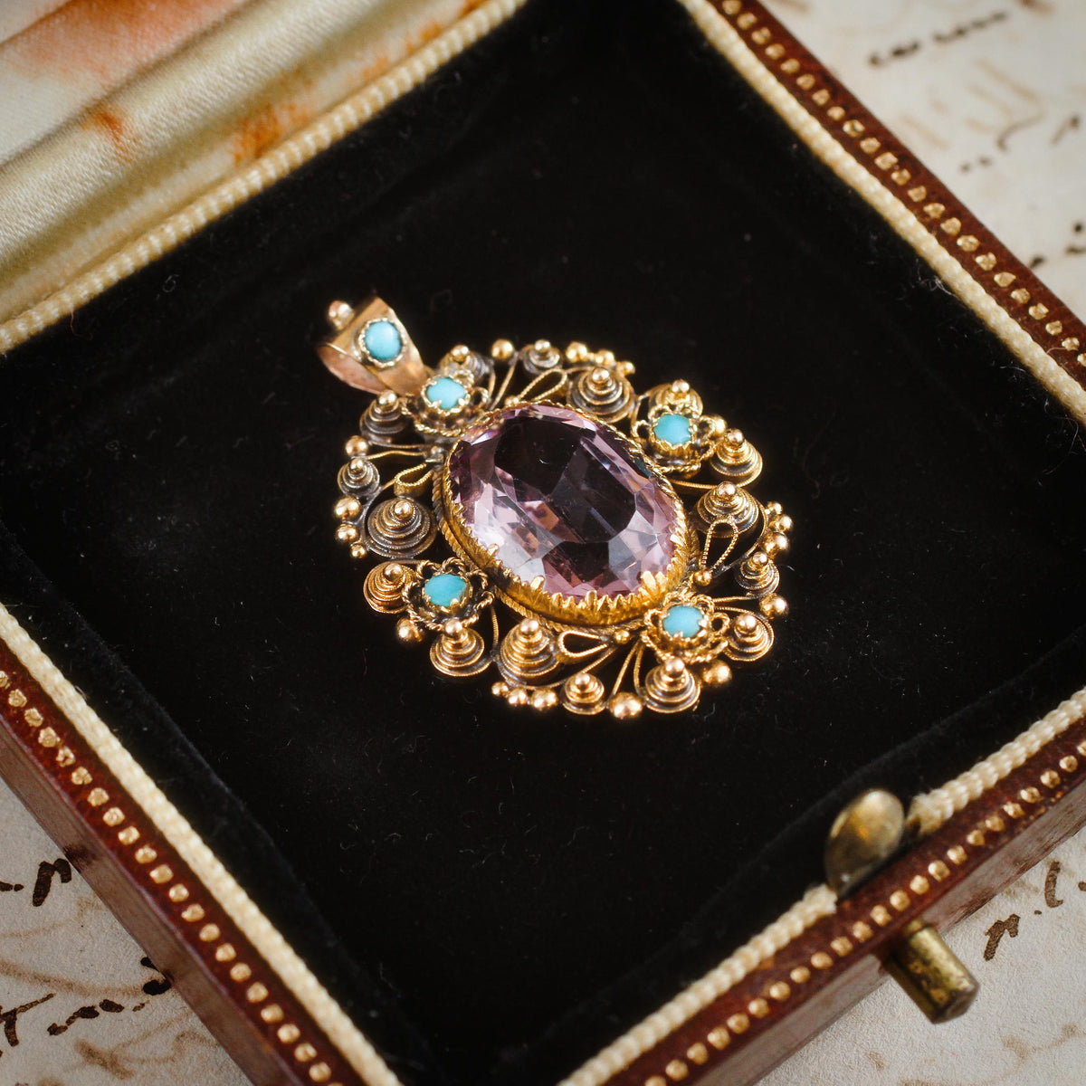 Antique Georgian Cannetille Amethyst & Turquoise Pendant