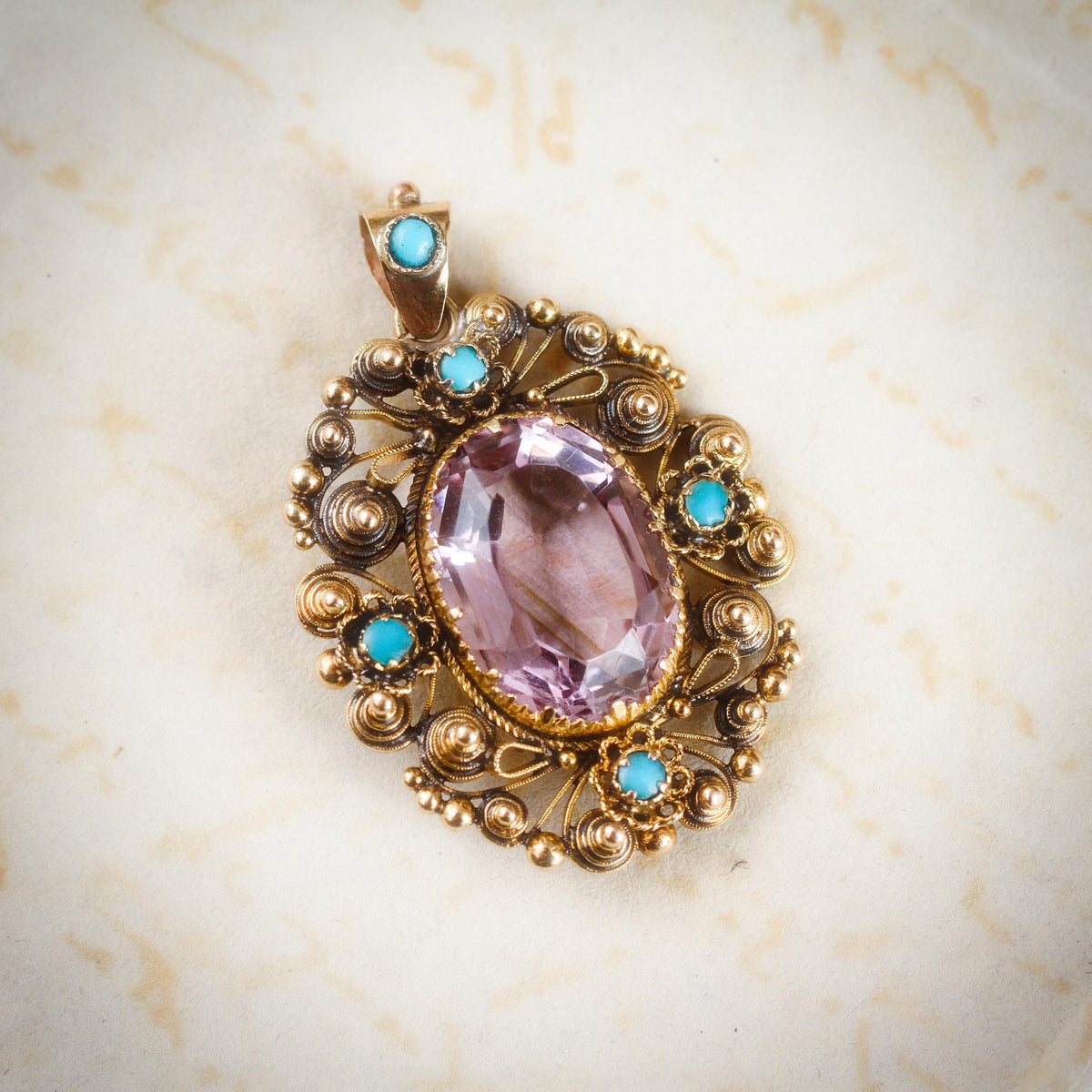 Antique Georgian Cannetille Amethyst & Turquoise Pendant