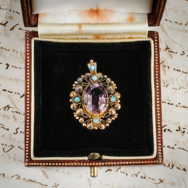 Antique Georgian Cannetille Amethyst & Turquoise Pendant