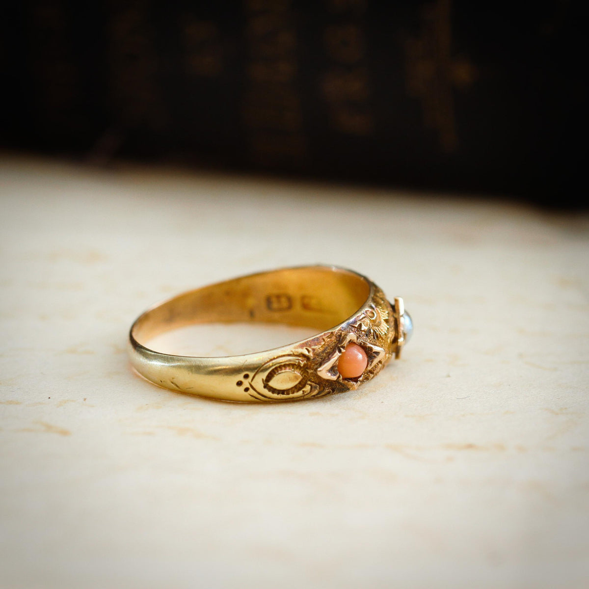 Rare Precious Date 1875 Etruscan Revival Coral & Pearl Ring