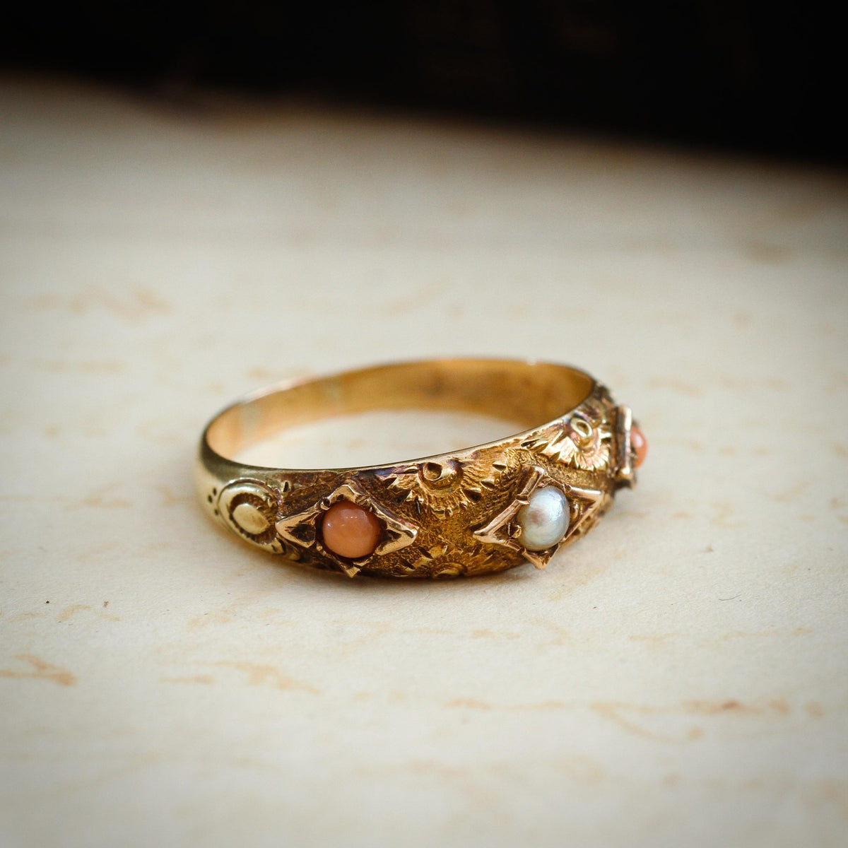 Rare Precious Date 1875 Etruscan Revival Coral & Pearl Ring