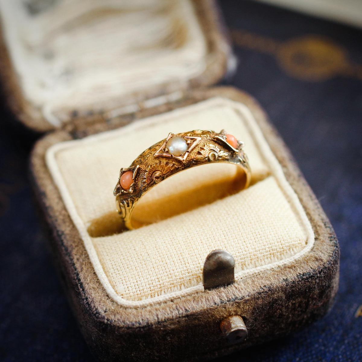 Rare Precious Date 1875 Etruscan Revival Coral & Pearl Ring