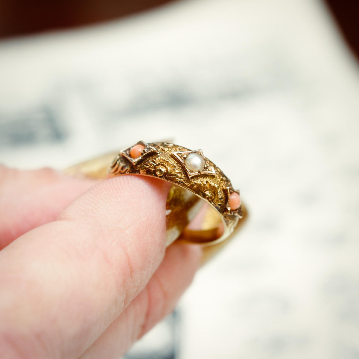 Rare Precious Date 1875 Etruscan Revival Coral & Pearl Ring