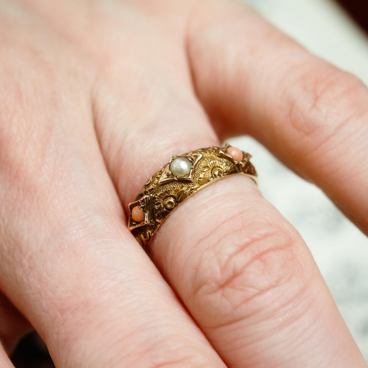 Rare Precious Date 1875 Etruscan Revival Coral & Pearl Ring