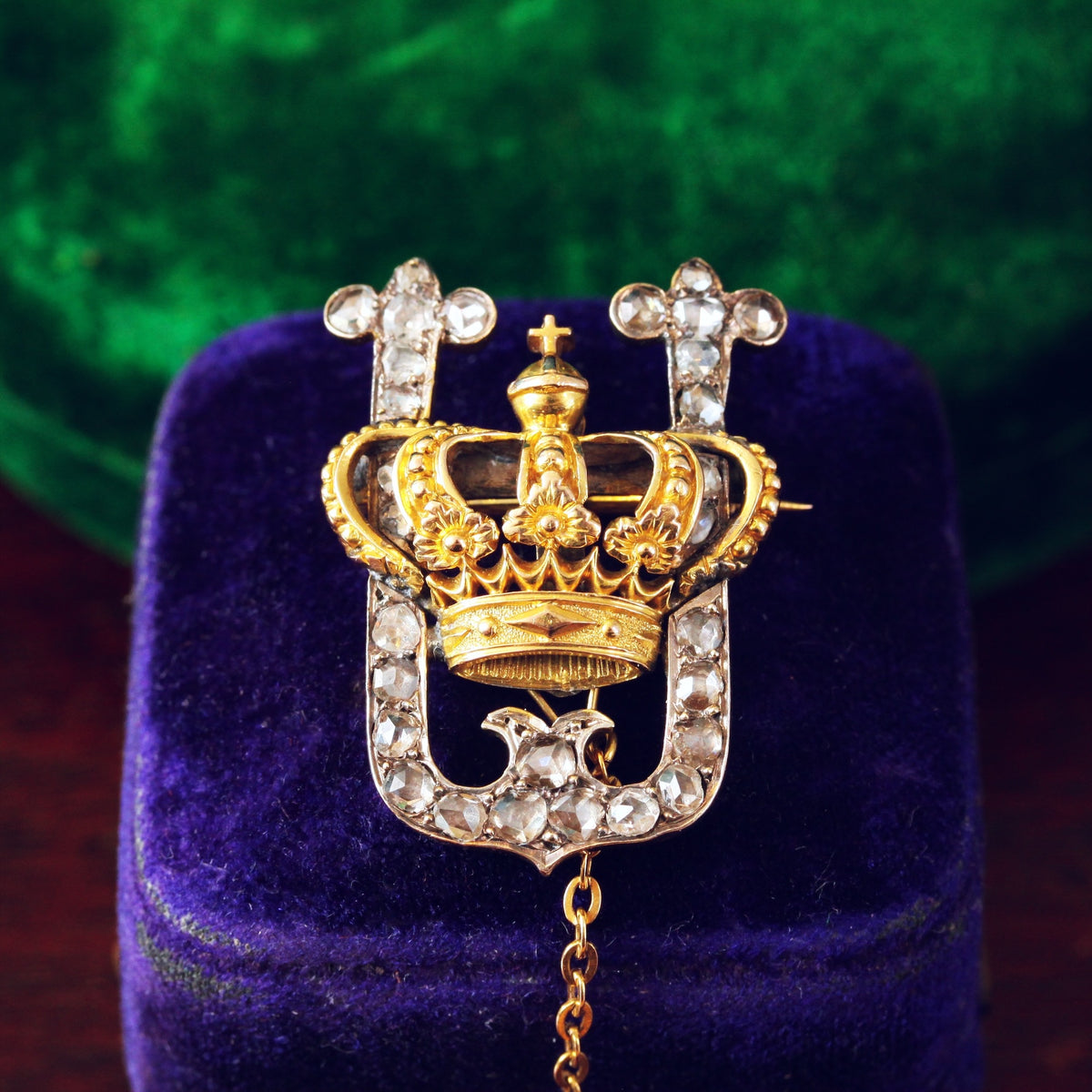 Antique Crowned Diamond Initial Brooch