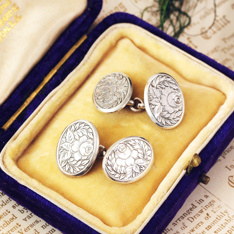 Antique Silver Rose & Fern Cufflinks