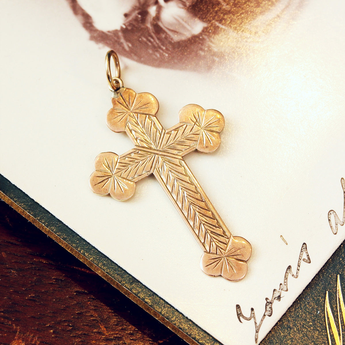 Antique 9ct Rose Gold Shamrock Cross