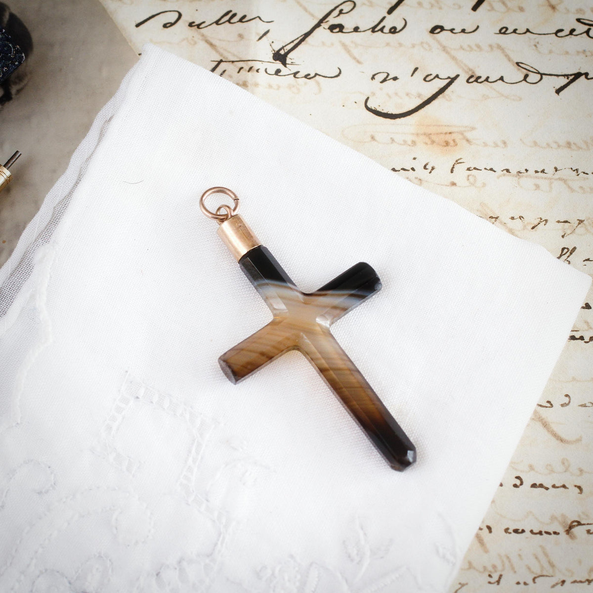 Victorian Scottish Banded Agate Cross Pendant