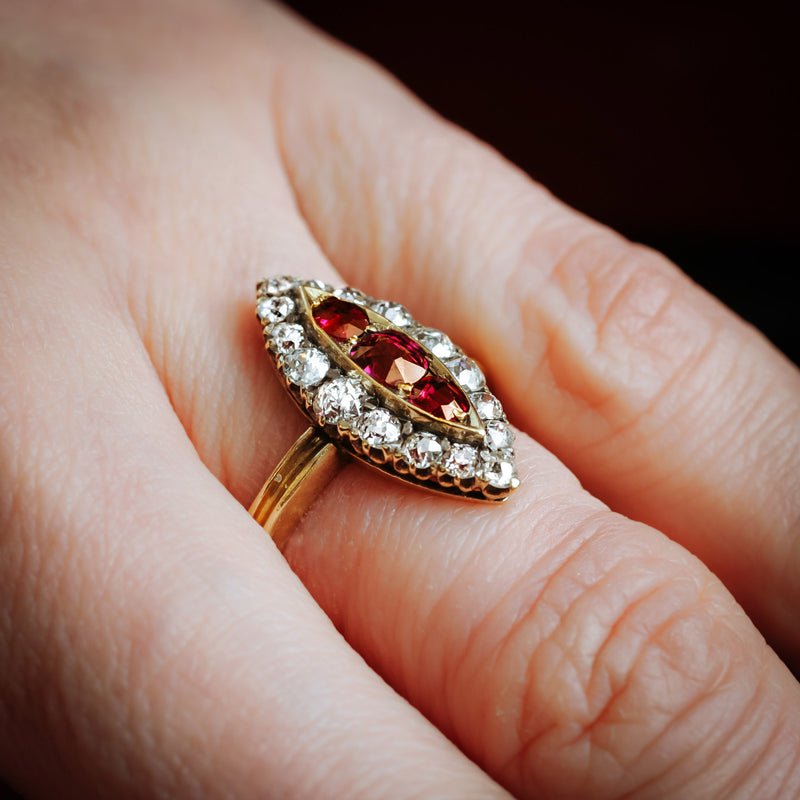 Nicely Nostalgic Antique Navette Ruby and Diamond Ring