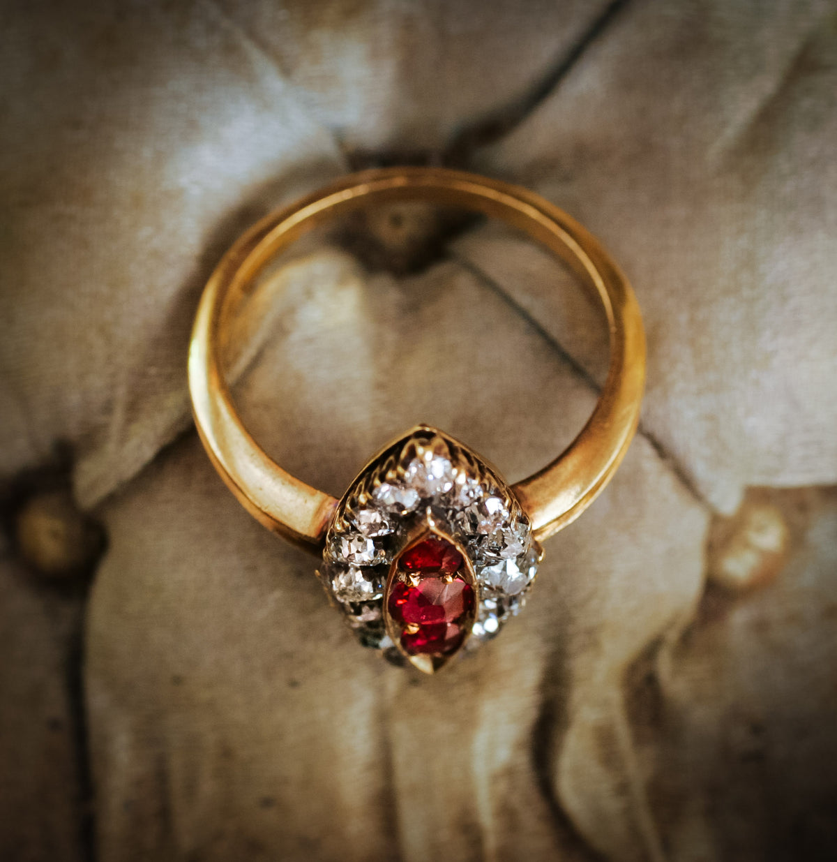 Nicely Nostalgic Antique Navette Ruby and Diamond Ring