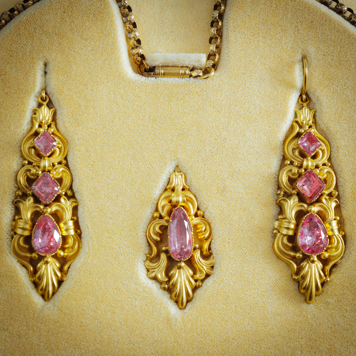  Antique Georgian Repousse Foiled Pink Topaz Demi-Parure