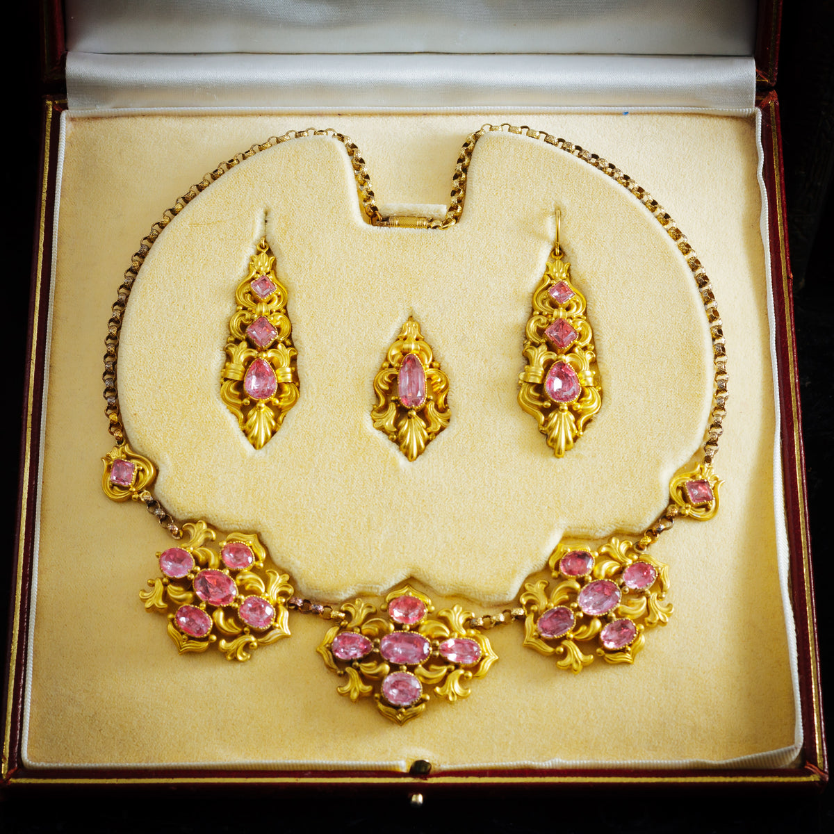  Antique Georgian Repousse Foiled Pink Topaz Demi-Parure