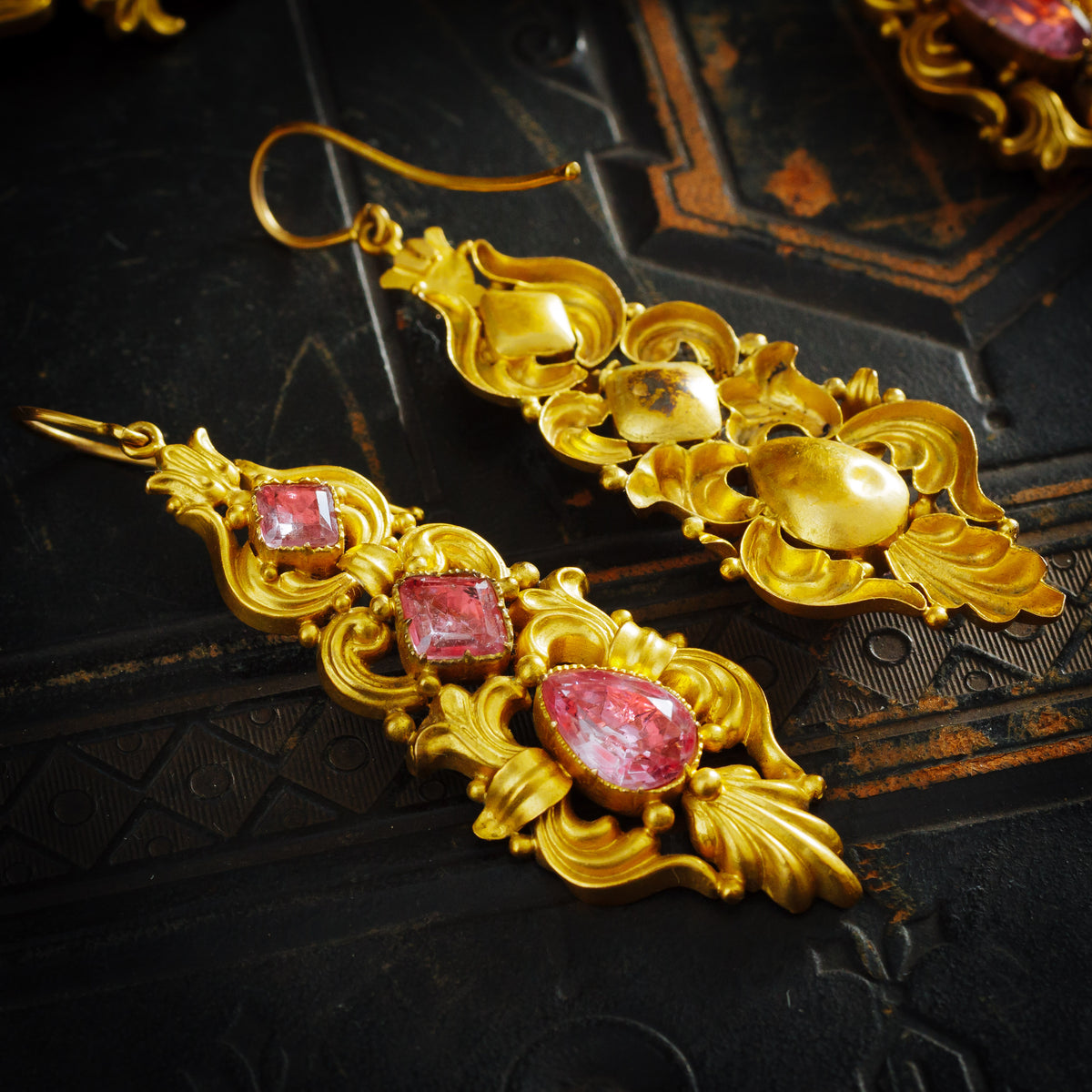  Antique Georgian Repousse Foiled Pink Topaz Demi-Parure