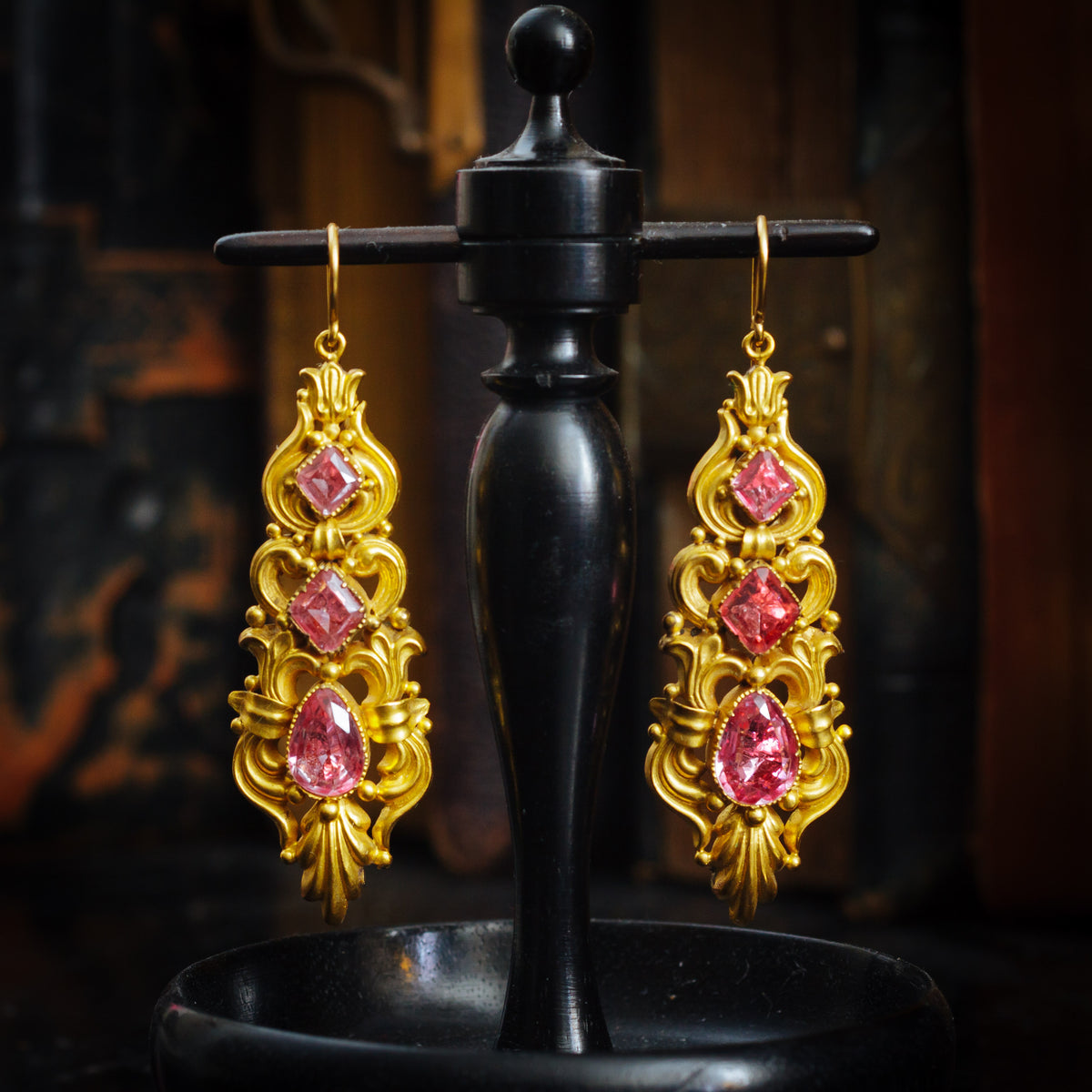  Antique Georgian Repousse Foiled Pink Topaz Demi-Parure