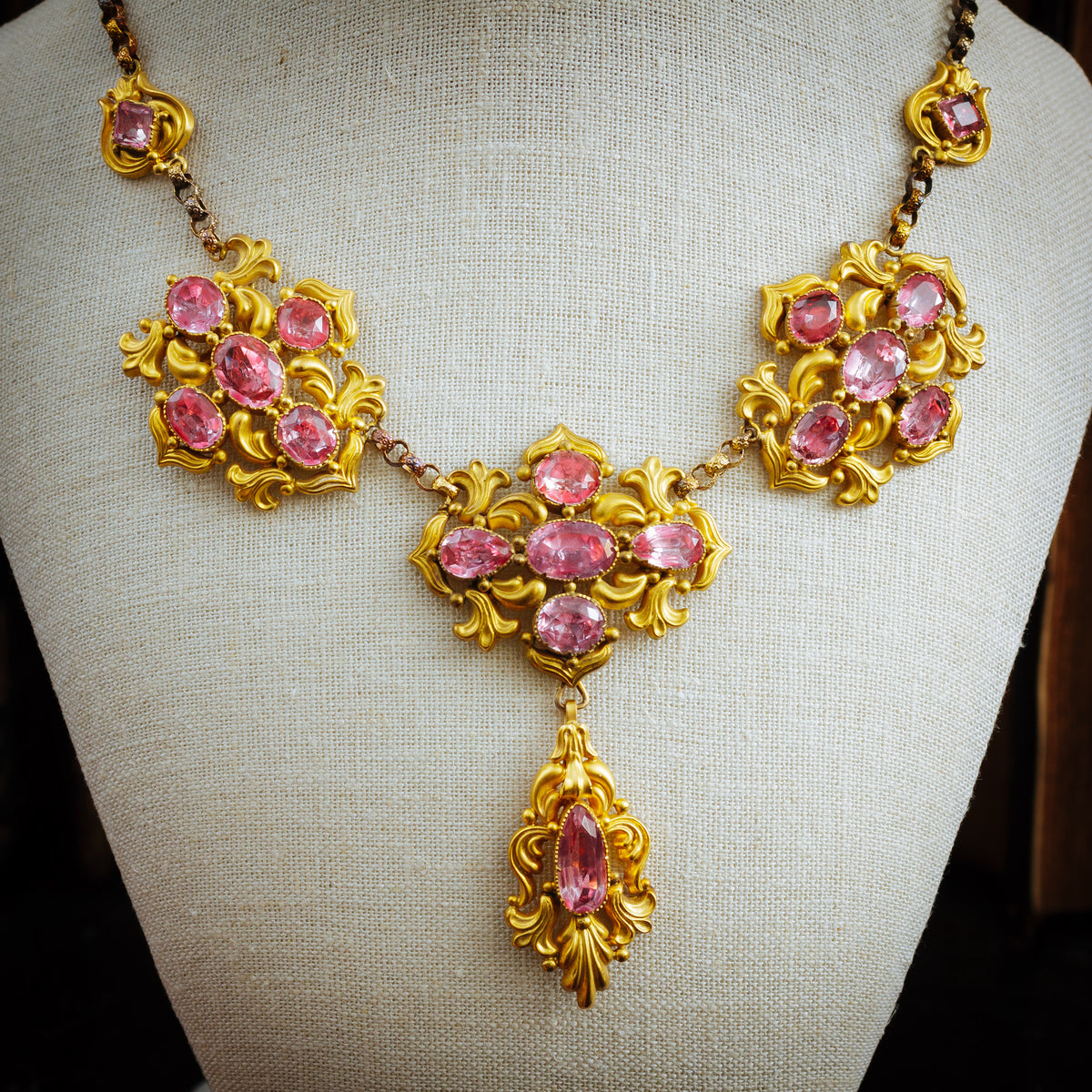  Antique Georgian Repousse Foiled Pink Topaz Demi-Parure