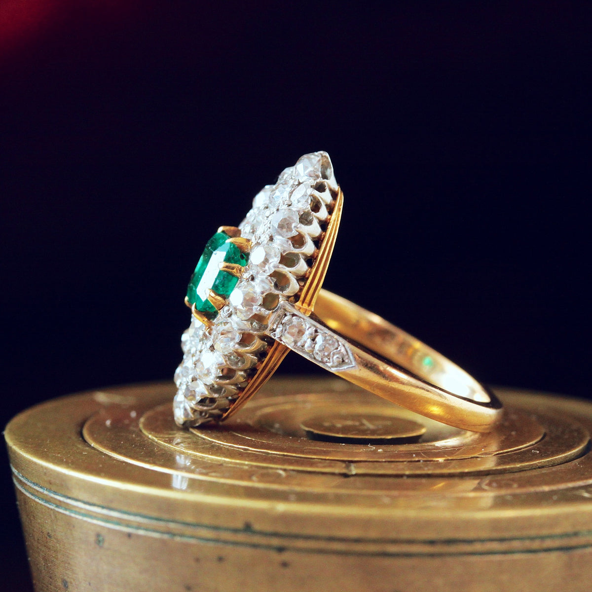 Utterly Charming Edwardian Emerald and Diamond Navette Cluster Ring