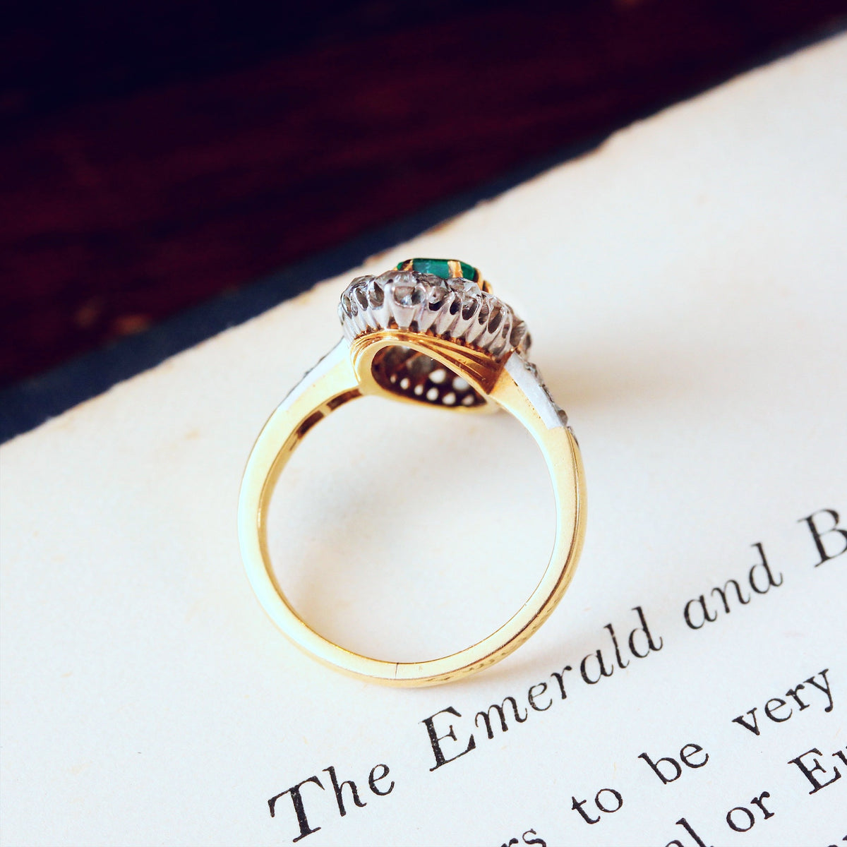 Utterly Charming Edwardian Emerald and Diamond Navette Cluster Ring