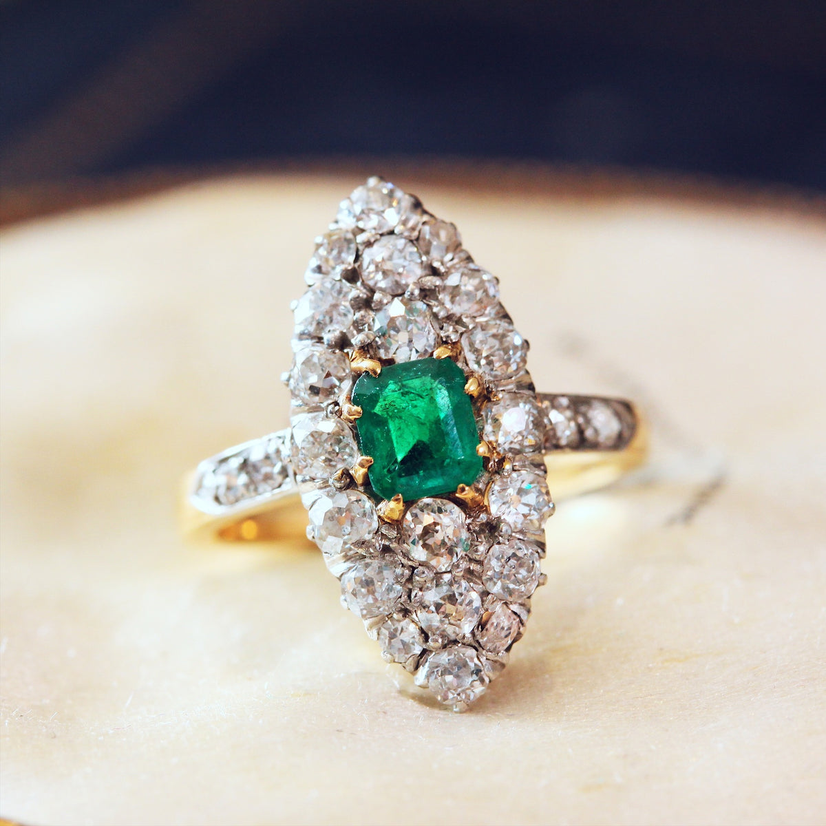 Edwardian Emerald and Diamond Navette Cluster Ring