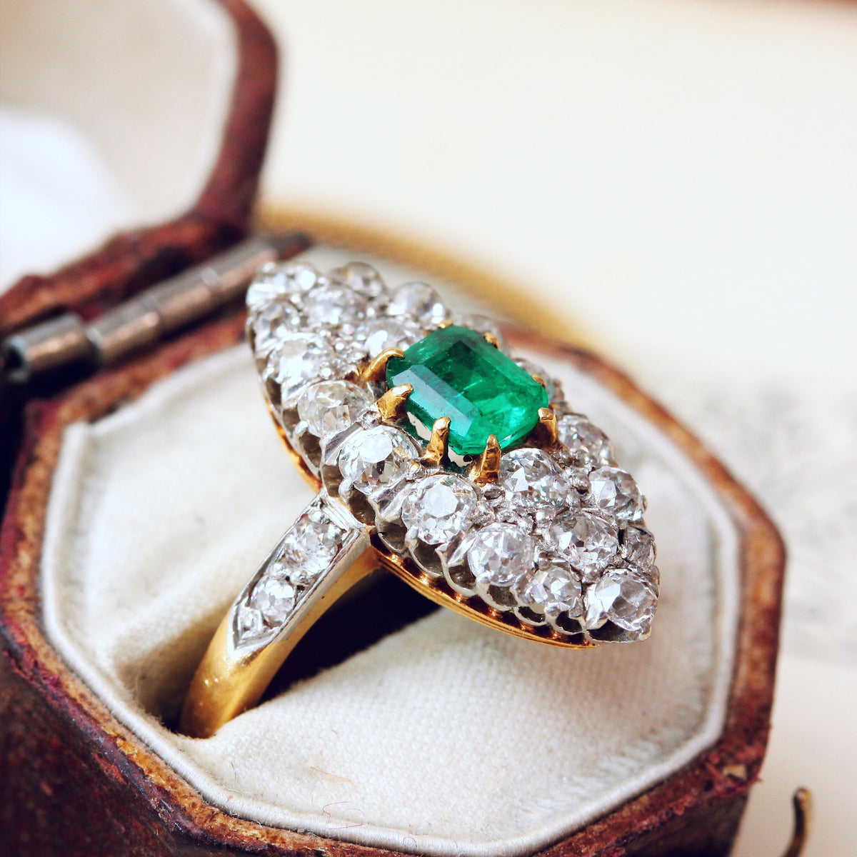 Edwardian Emerald and Diamond Navette Cluster Ring