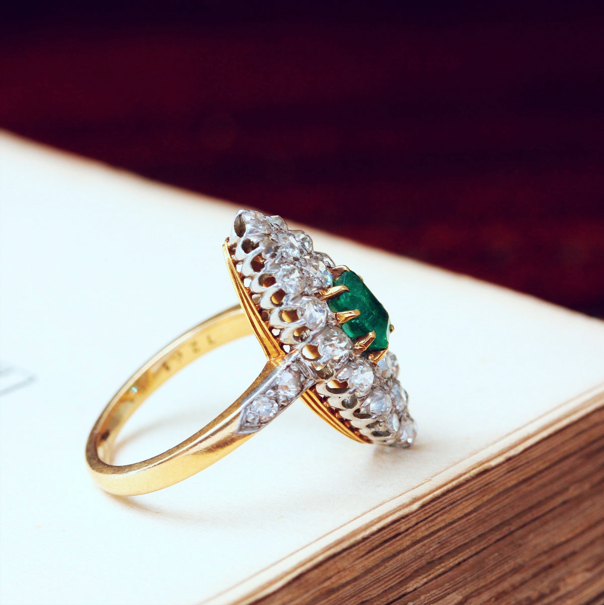 Utterly Charming Edwardian Emerald and Diamond Navette Cluster Ring