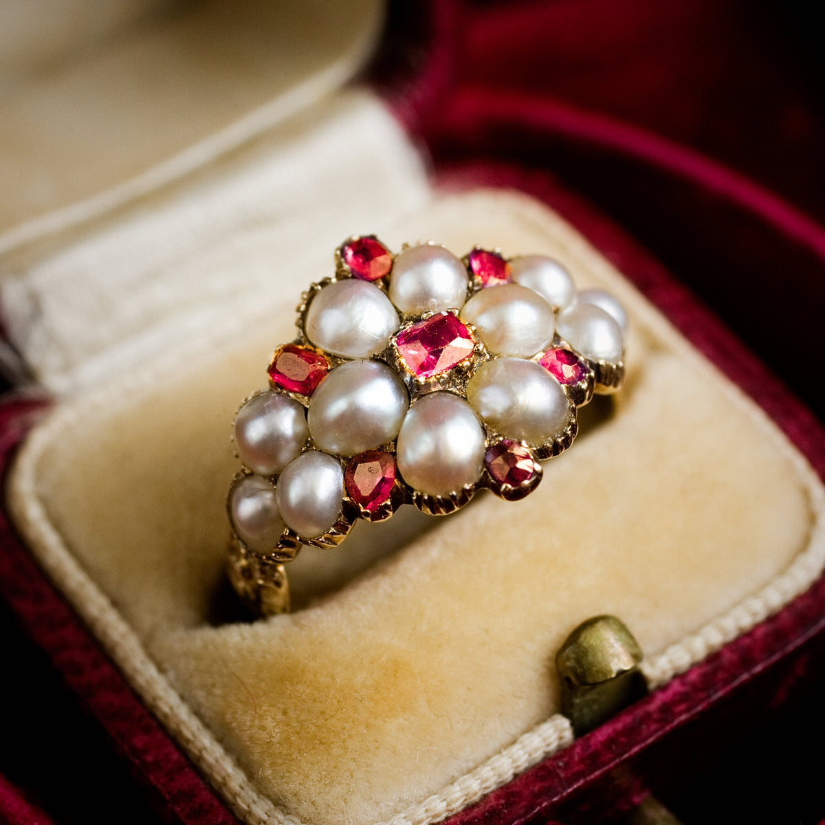 Antique Georgian Ruby & Natural Pearl Cluster Ring