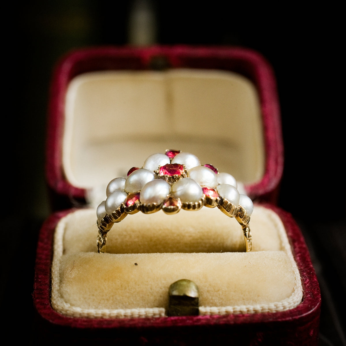 Thou Dost Enthrall Me! Antique Georgian Ruby & Natural Pearl Cluster Ring