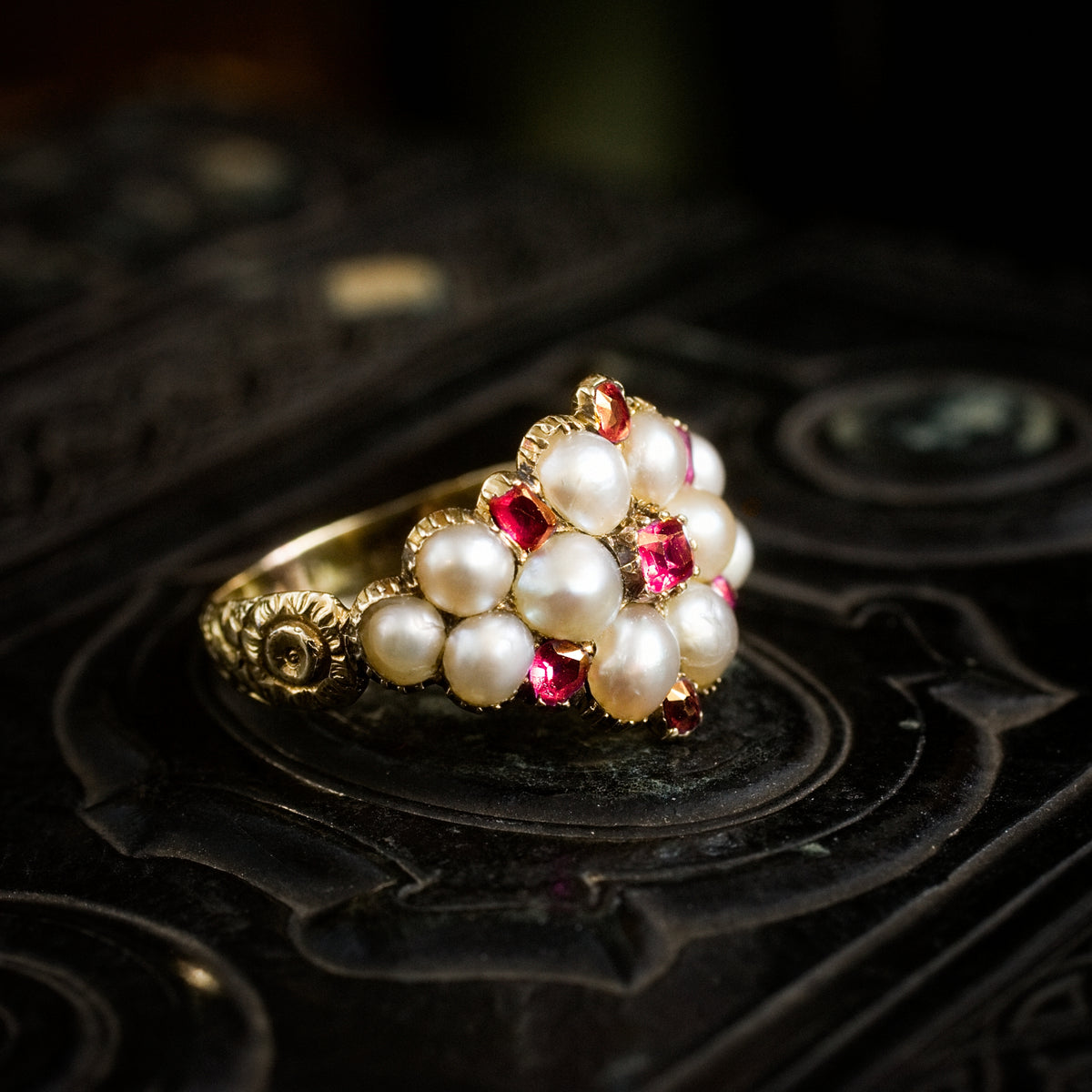 Thou Dost Enthrall Me! Antique Georgian Ruby & Natural Pearl Cluster Ring