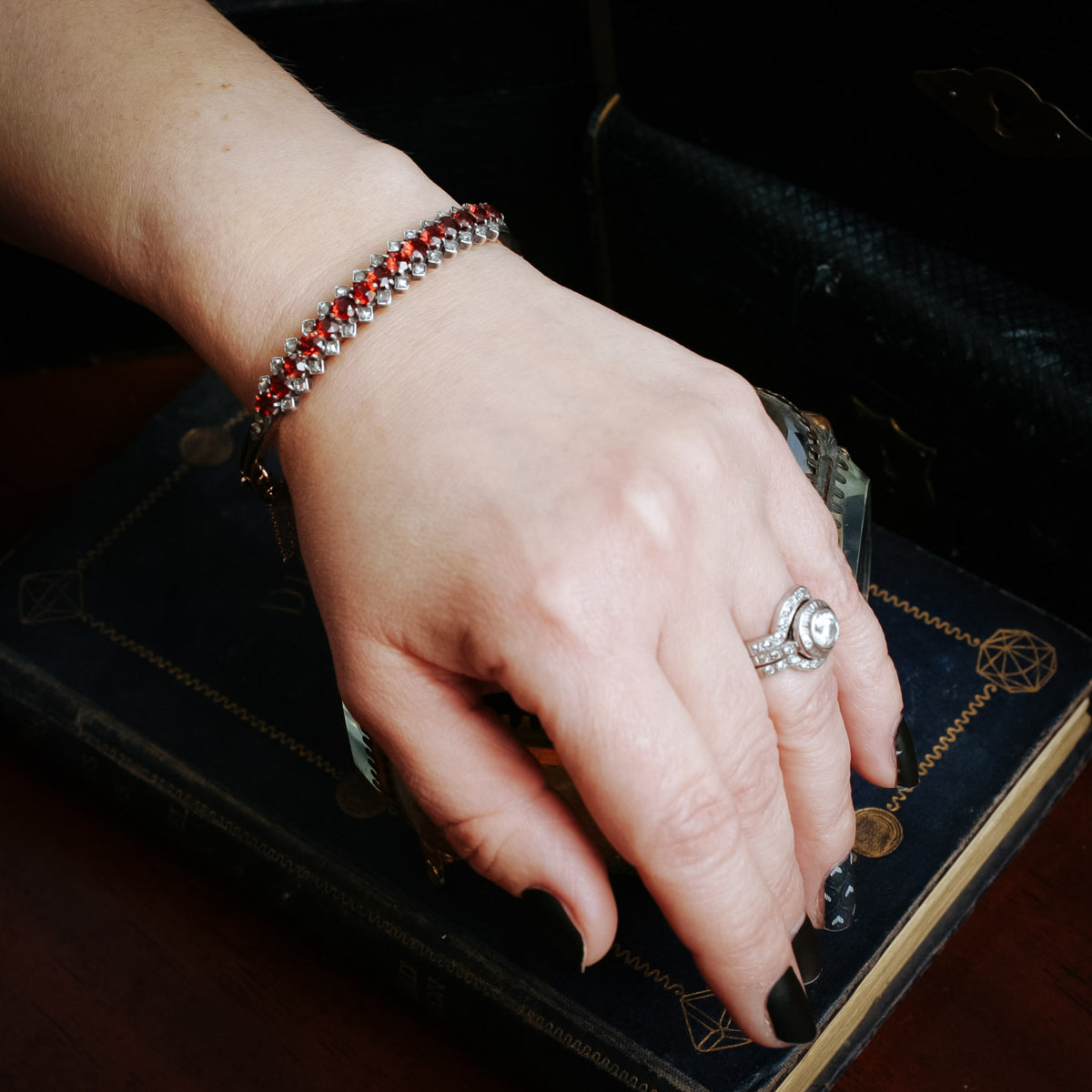 Antique Victorian Hessonite Garnet and Rose-cut Diamond Bangle Bracelet