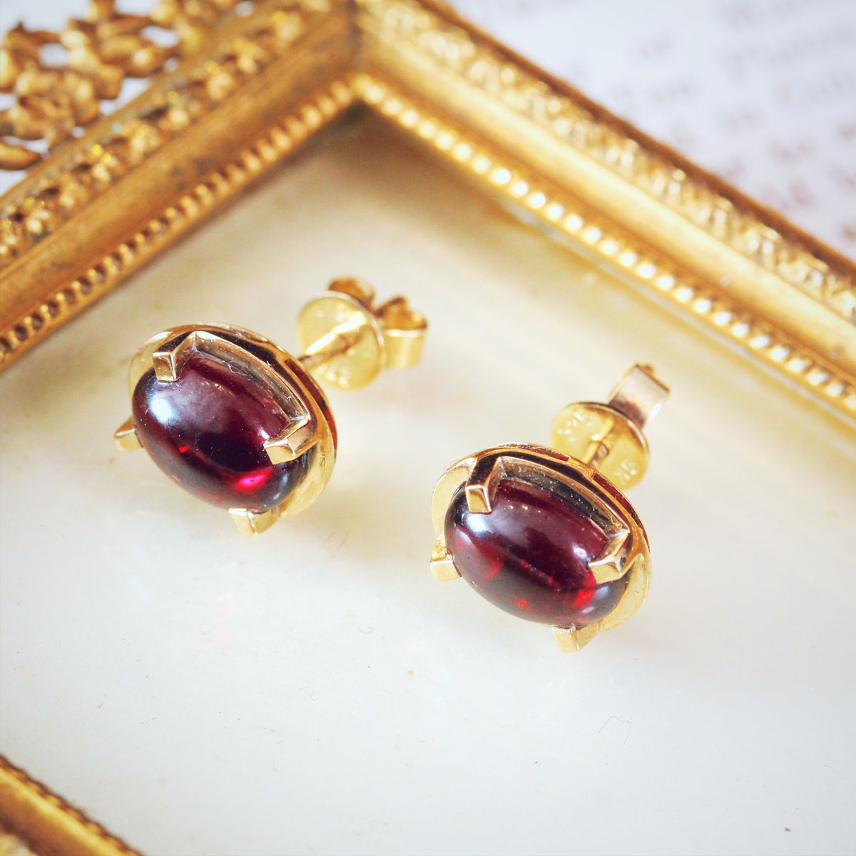 Garnet Cabochon Stud Earrings