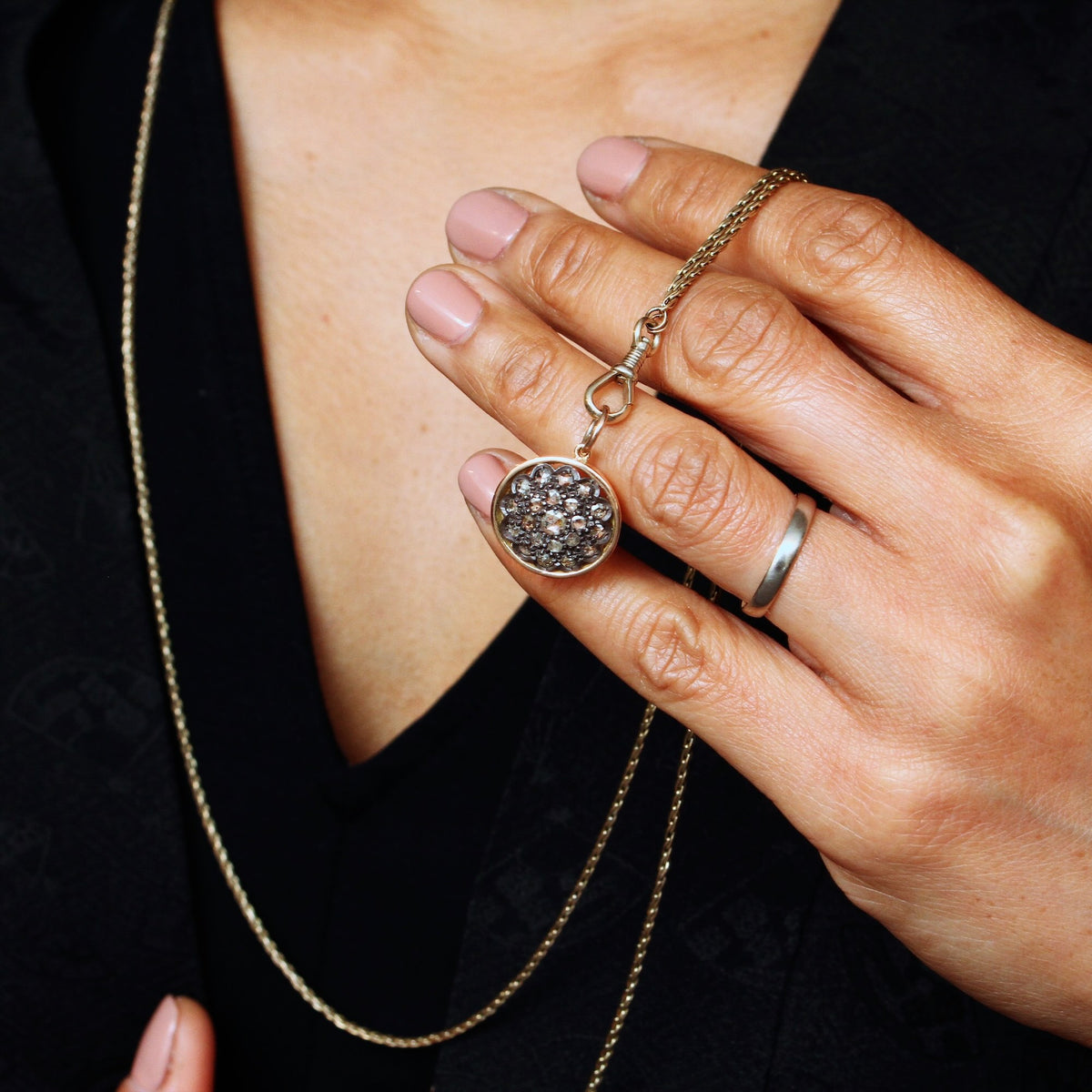 Slinky Antique Gold Guard Chain & Rose Cut Diamond Pendant