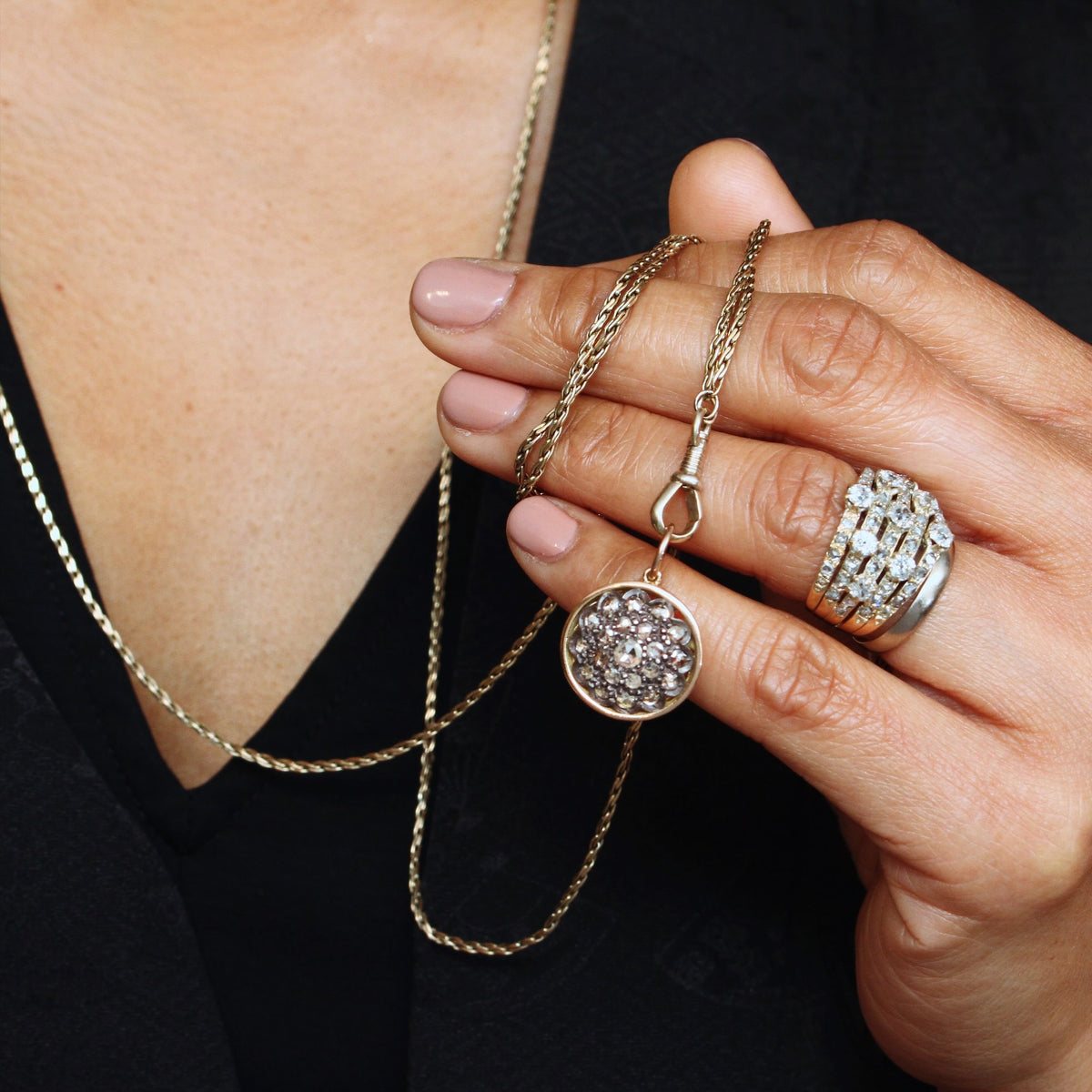 Slinky Antique Gold Guard Chain & Rose Cut Diamond Pendant